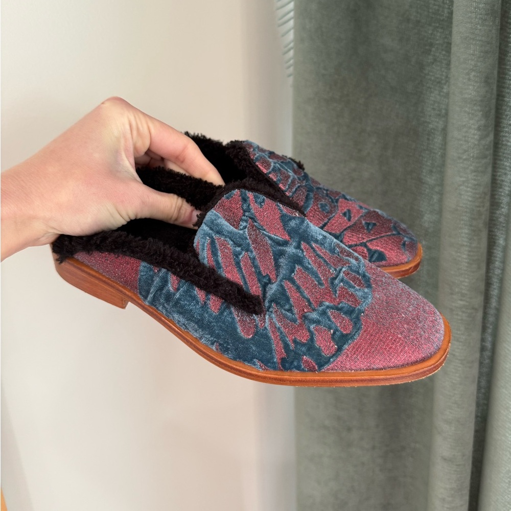 Free People Butterfly Effect Faux Fur Mules - Red/Blue/Black - Size 37